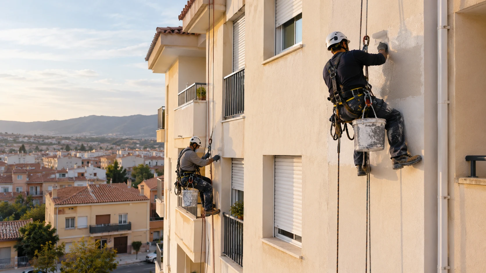 Equipo reparando fachada de comunidad
